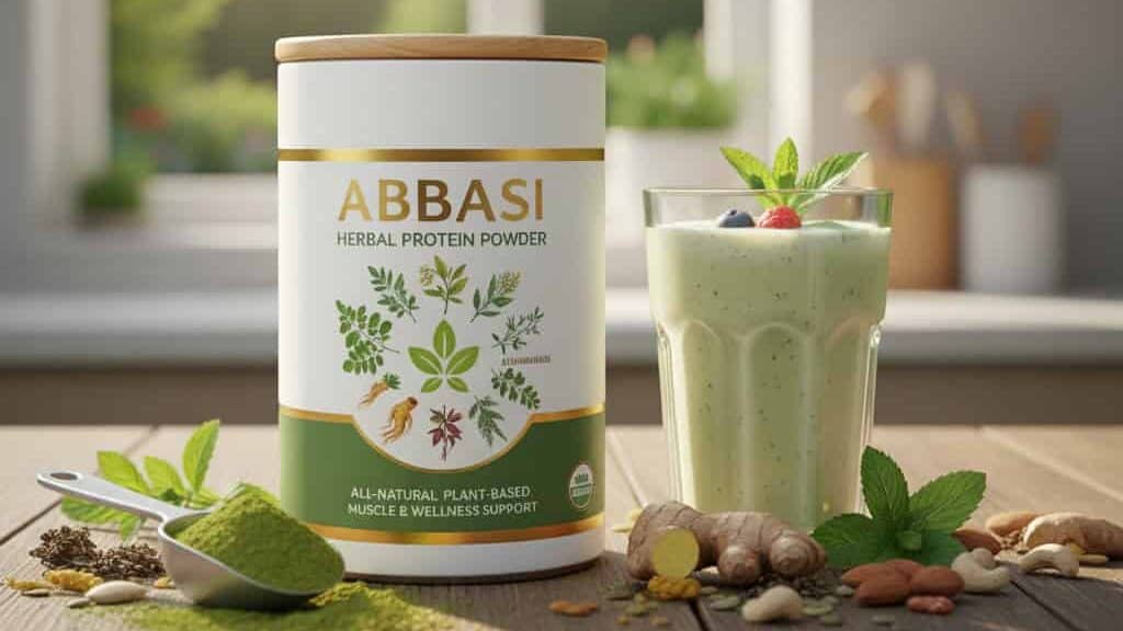 Herbal protein powder in a white and green container with herbs illustration, perfect for muscle and wellness support, accompanied by a healthy green smoothie and natural ingredients on a wooden table.
